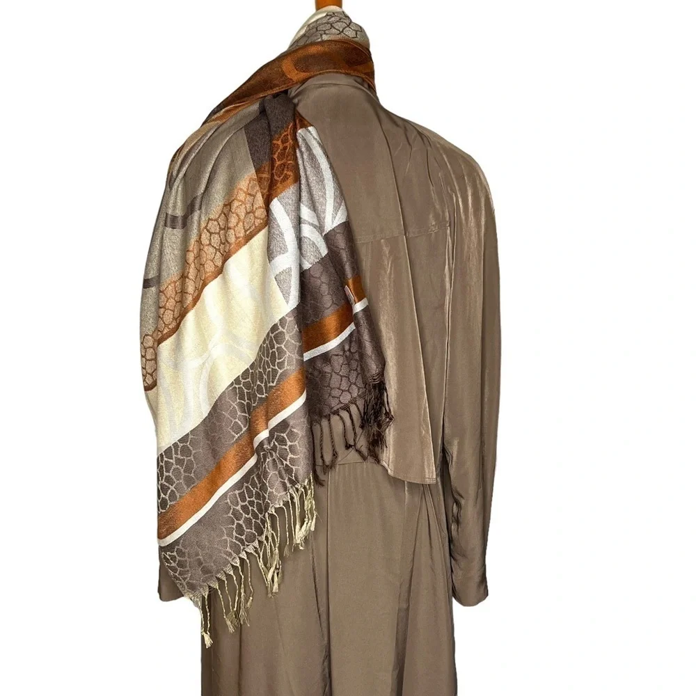 Women’s Brown Neutral Tones Color Block Fringe Faux Cashmere Scarf Shawl Wrap